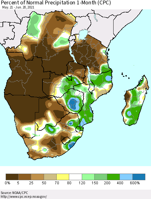 Southern Africa Percent of Normal Precipitation 1-Month (CPC) Thematic Map For 5/21/2021 - 6/20/2021