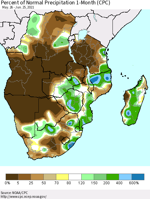 Southern Africa Percent of Normal Precipitation 1-Month (CPC) Thematic Map For 5/26/2021 - 6/25/2021