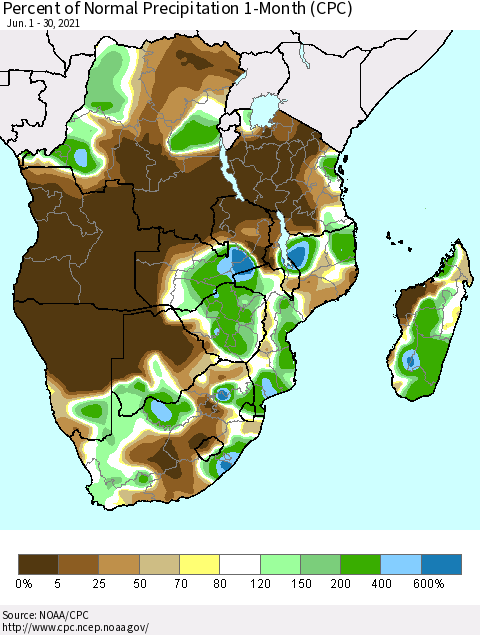 Southern Africa Percent of Normal Precipitation 1-Month (CPC) Thematic Map For 6/1/2021 - 6/30/2021