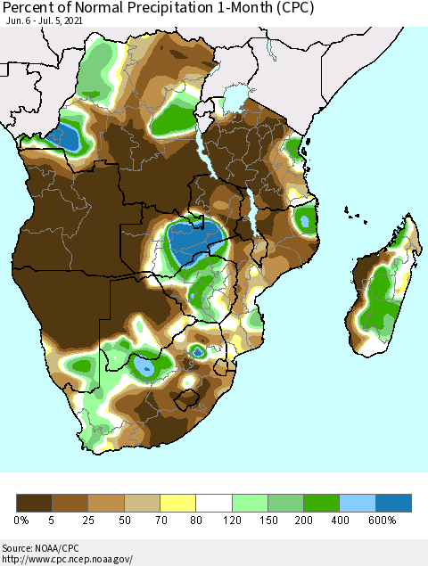 Southern Africa Percent of Normal Precipitation 1-Month (CPC) Thematic Map For 6/6/2021 - 7/5/2021