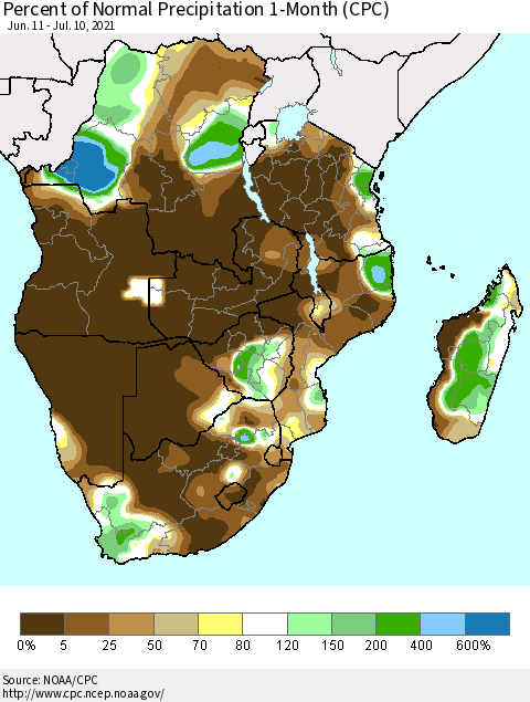 Southern Africa Percent of Normal Precipitation 1-Month (CPC) Thematic Map For 6/11/2021 - 7/10/2021