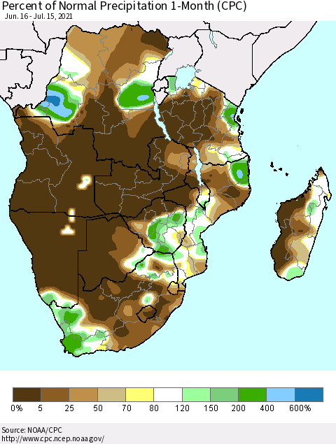 Southern Africa Percent of Normal Precipitation 1-Month (CPC) Thematic Map For 6/16/2021 - 7/15/2021