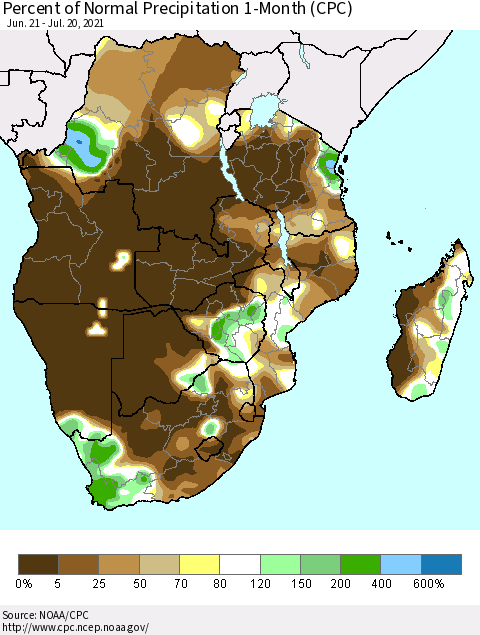 Southern Africa Percent of Normal Precipitation 1-Month (CPC) Thematic Map For 6/21/2021 - 7/20/2021