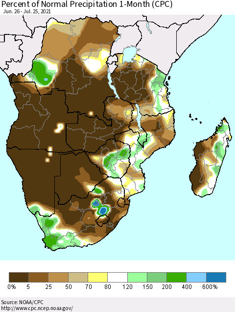 Southern Africa Percent of Normal Precipitation 1-Month (CPC) Thematic Map For 6/26/2021 - 7/25/2021