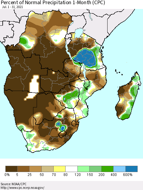 Southern Africa Percent of Normal Precipitation 1-Month (CPC) Thematic Map For 7/1/2021 - 7/31/2021