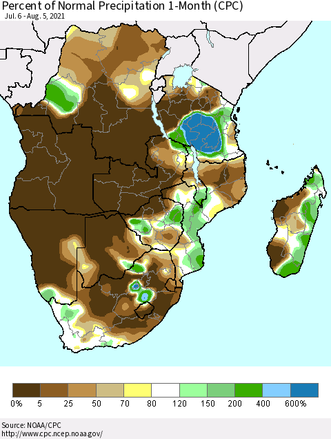 Southern Africa Percent of Normal Precipitation 1-Month (CPC) Thematic Map For 7/6/2021 - 8/5/2021