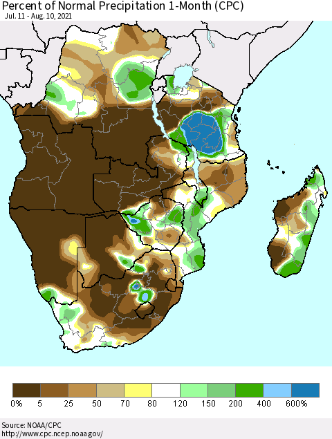 Southern Africa Percent of Normal Precipitation 1-Month (CPC) Thematic Map For 7/11/2021 - 8/10/2021