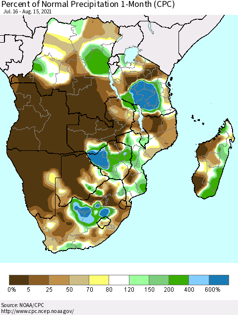 Southern Africa Percent of Normal Precipitation 1-Month (CPC) Thematic Map For 7/16/2021 - 8/15/2021