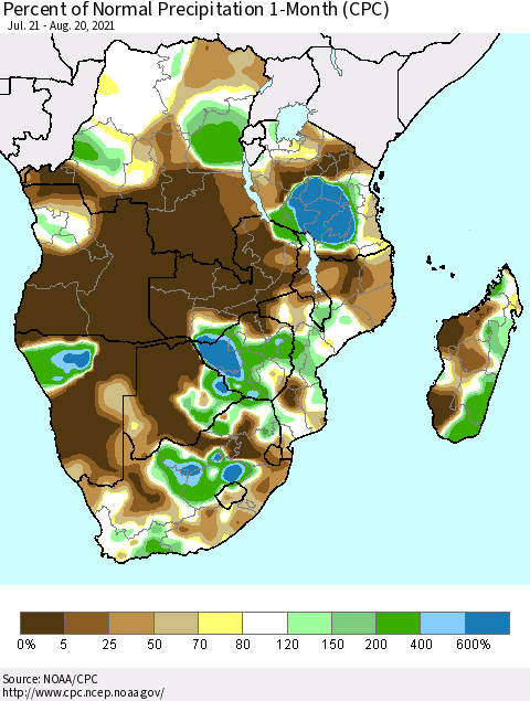 Southern Africa Percent of Normal Precipitation 1-Month (CPC) Thematic Map For 7/21/2021 - 8/20/2021