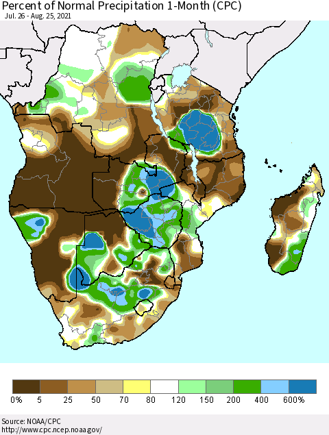 Southern Africa Percent of Normal Precipitation 1-Month (CPC) Thematic Map For 7/26/2021 - 8/25/2021