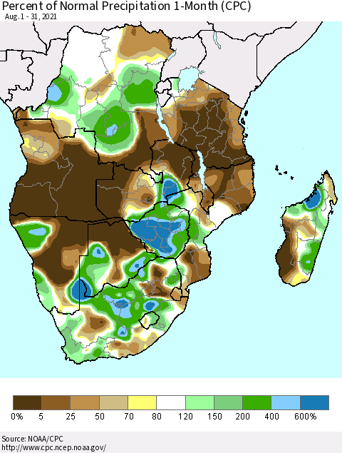 Southern Africa Percent of Normal Precipitation 1-Month (CPC) Thematic Map For 8/1/2021 - 8/31/2021