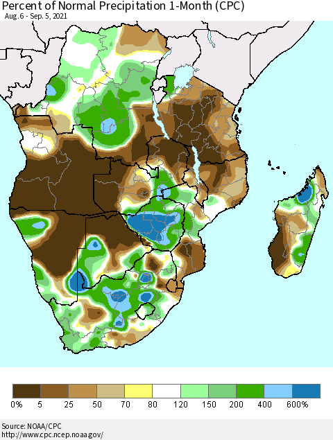 Southern Africa Percent of Normal Precipitation 1-Month (CPC) Thematic Map For 8/6/2021 - 9/5/2021