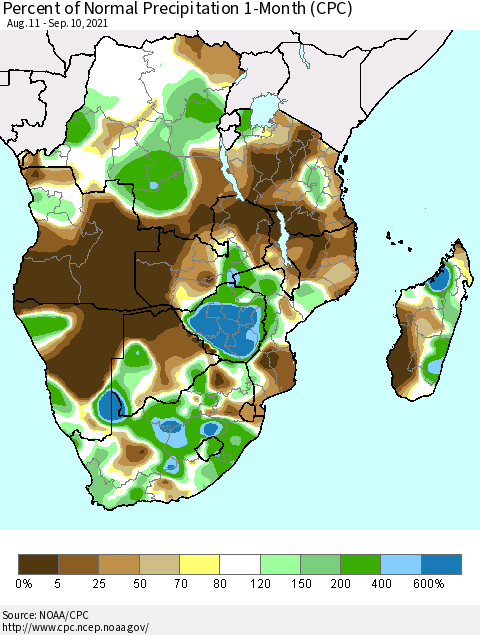 Southern Africa Percent of Normal Precipitation 1-Month (CPC) Thematic Map For 8/11/2021 - 9/10/2021
