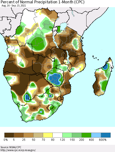 Southern Africa Percent of Normal Precipitation 1-Month (CPC) Thematic Map For 8/16/2021 - 9/15/2021