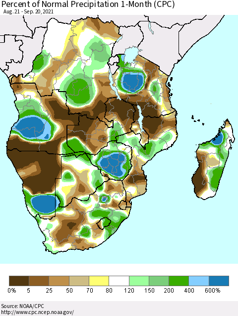 Southern Africa Percent of Normal Precipitation 1-Month (CPC) Thematic Map For 8/21/2021 - 9/20/2021