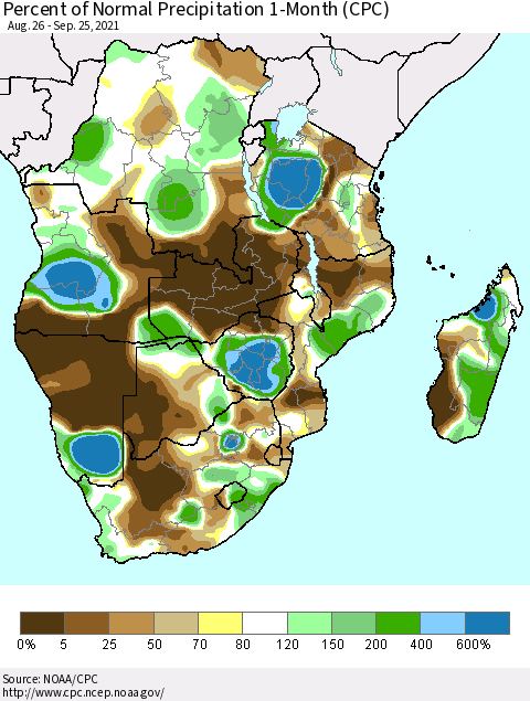 Southern Africa Percent of Normal Precipitation 1-Month (CPC) Thematic Map For 8/26/2021 - 9/25/2021