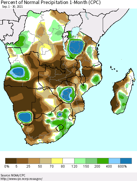 Southern Africa Percent of Normal Precipitation 1-Month (CPC) Thematic Map For 9/1/2021 - 9/30/2021