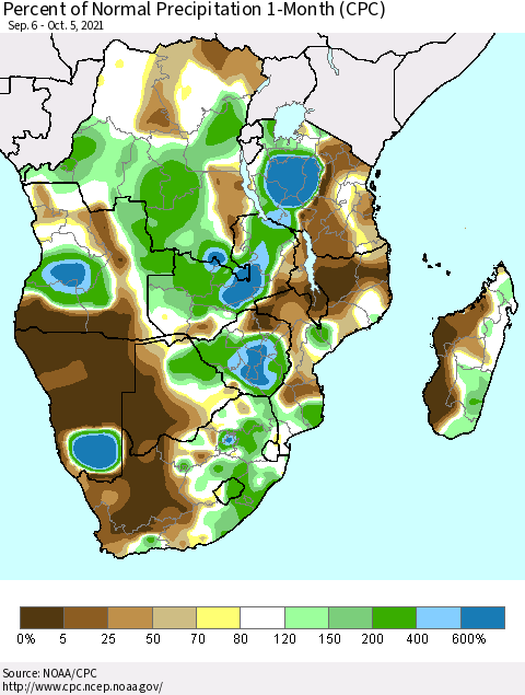 Southern Africa Percent of Normal Precipitation 1-Month (CPC) Thematic Map For 9/6/2021 - 10/5/2021