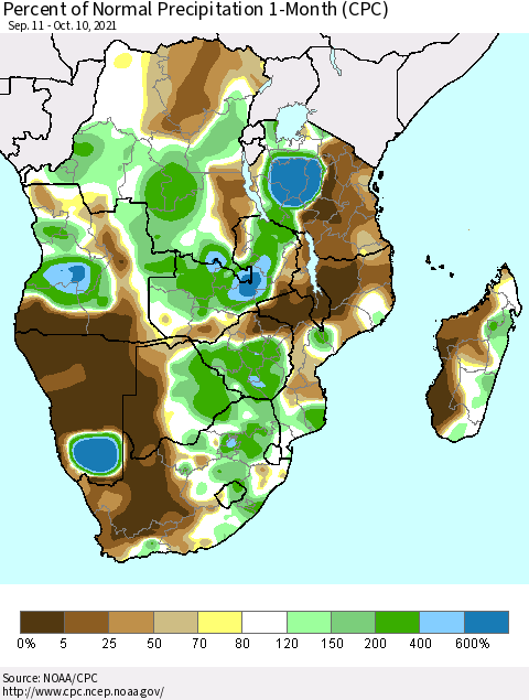 Southern Africa Percent of Normal Precipitation 1-Month (CPC) Thematic Map For 9/11/2021 - 10/10/2021