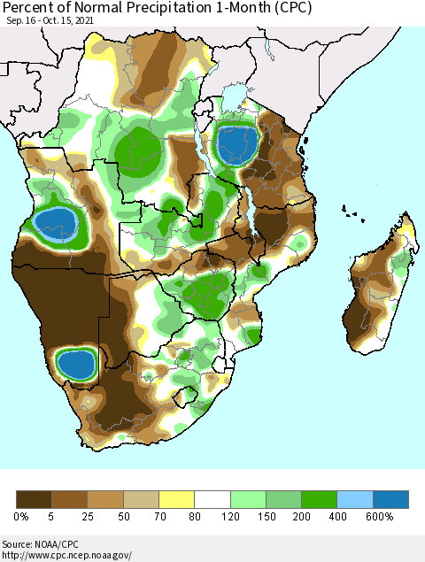 Southern Africa Percent of Normal Precipitation 1-Month (CPC) Thematic Map For 9/16/2021 - 10/15/2021
