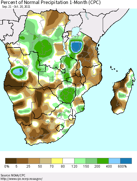 Southern Africa Percent of Normal Precipitation 1-Month (CPC) Thematic Map For 9/21/2021 - 10/20/2021