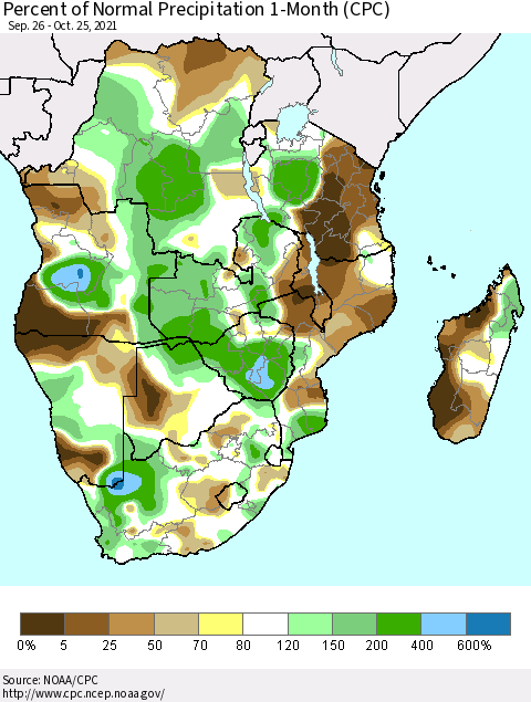 Southern Africa Percent of Normal Precipitation 1-Month (CPC) Thematic Map For 9/26/2021 - 10/25/2021