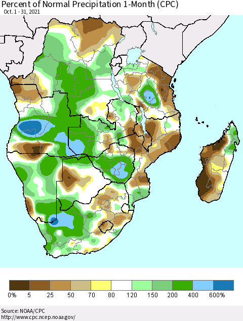 Southern Africa Percent of Normal Precipitation 1-Month (CPC) Thematic Map For 10/1/2021 - 10/31/2021