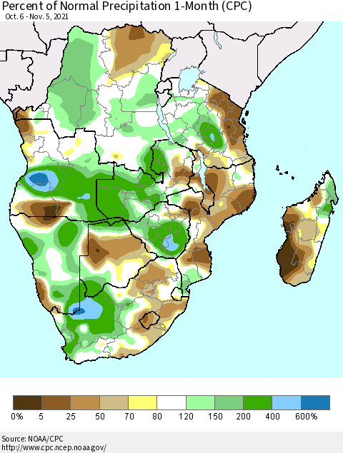 Southern Africa Percent of Normal Precipitation 1-Month (CPC) Thematic Map For 10/6/2021 - 11/5/2021