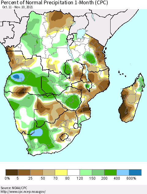 Southern Africa Percent of Normal Precipitation 1-Month (CPC) Thematic Map For 10/11/2021 - 11/10/2021