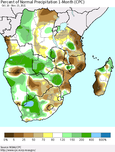 Southern Africa Percent of Normal Precipitation 1-Month (CPC) Thematic Map For 10/16/2021 - 11/15/2021