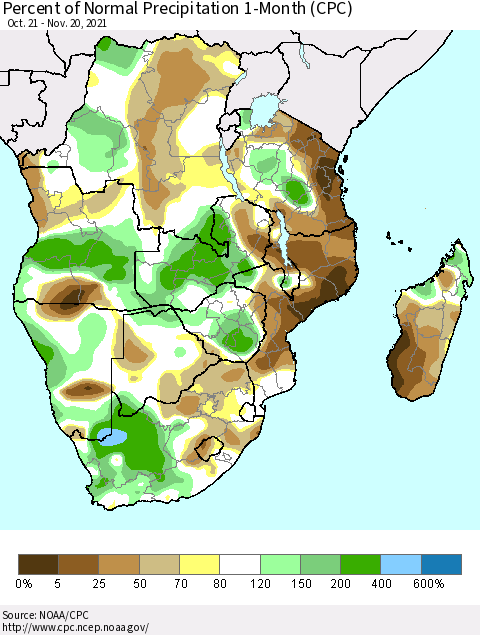 Southern Africa Percent of Normal Precipitation 1-Month (CPC) Thematic Map For 10/21/2021 - 11/20/2021