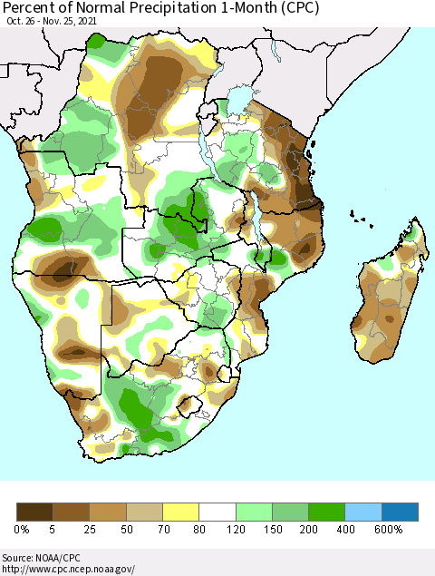 Southern Africa Percent of Normal Precipitation 1-Month (CPC) Thematic Map For 10/26/2021 - 11/25/2021