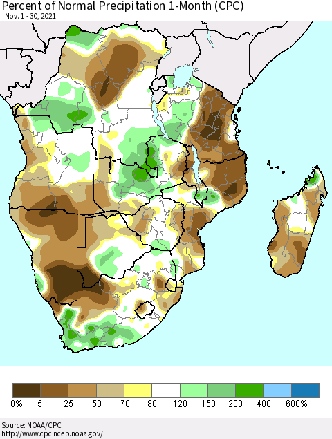 Southern Africa Percent of Normal Precipitation 1-Month (CPC) Thematic Map For 11/1/2021 - 11/30/2021