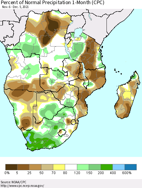 Southern Africa Percent of Normal Precipitation 1-Month (CPC) Thematic Map For 11/6/2021 - 12/5/2021