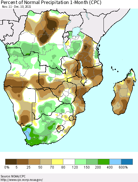 Southern Africa Percent of Normal Precipitation 1-Month (CPC) Thematic Map For 11/11/2021 - 12/10/2021