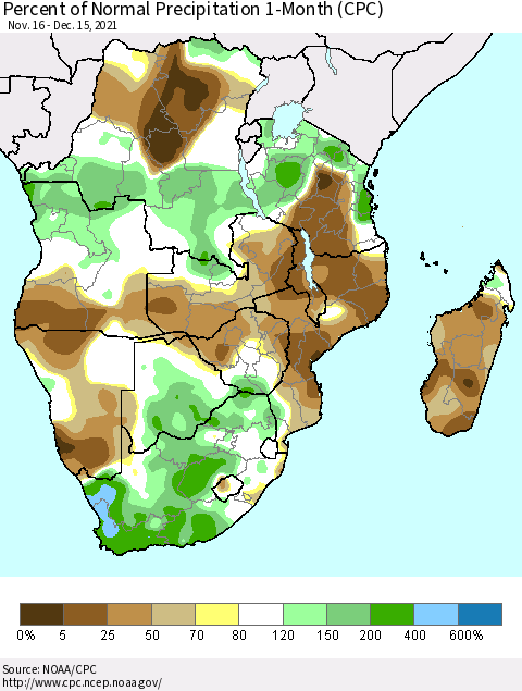 Southern Africa Percent of Normal Precipitation 1-Month (CPC) Thematic Map For 11/16/2021 - 12/15/2021
