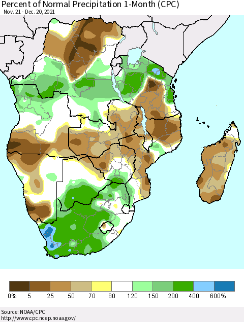 Southern Africa Percent of Normal Precipitation 1-Month (CPC) Thematic Map For 11/21/2021 - 12/20/2021