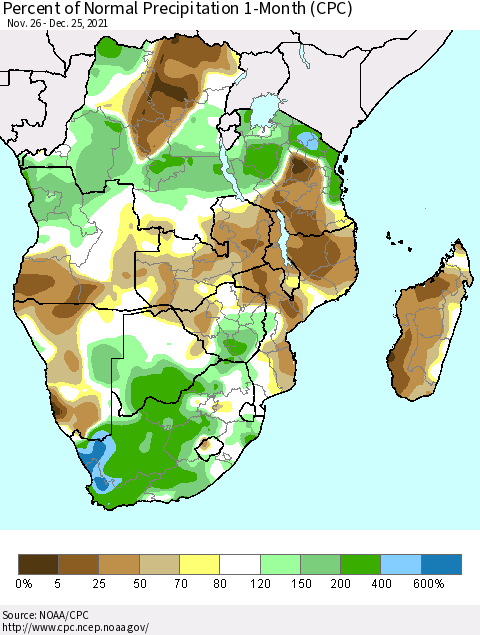 Southern Africa Percent of Normal Precipitation 1-Month (CPC) Thematic Map For 11/26/2021 - 12/25/2021