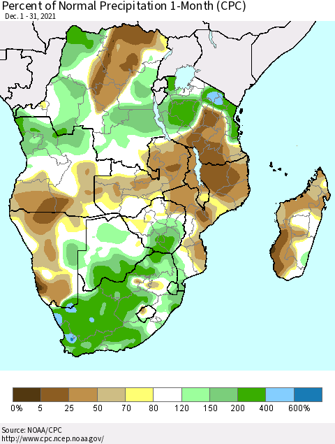 Southern Africa Percent of Normal Precipitation 1-Month (CPC) Thematic Map For 12/1/2021 - 12/31/2021