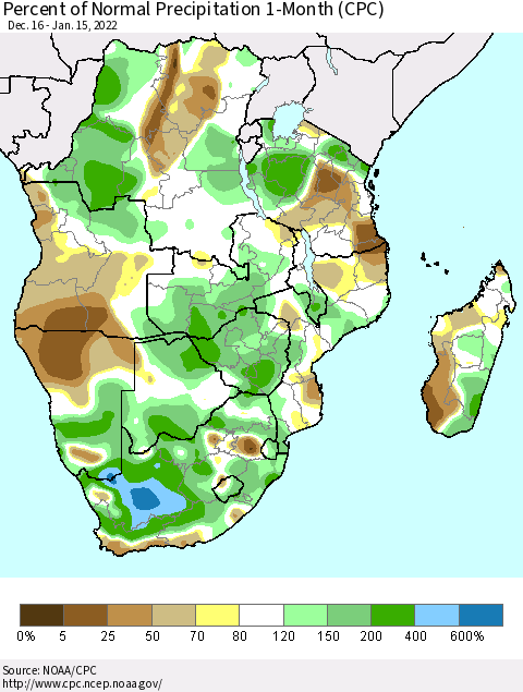 Southern Africa Percent of Normal Precipitation 1-Month (CPC) Thematic Map For 12/16/2021 - 1/15/2022