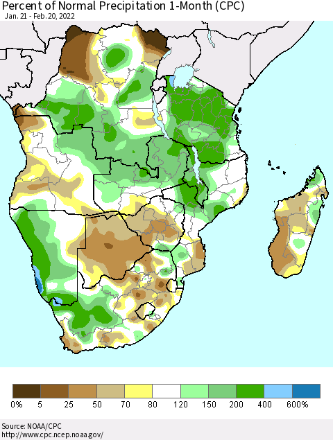 Southern Africa Percent of Normal Precipitation 1-Month (CPC) Thematic Map For 1/21/2022 - 2/20/2022