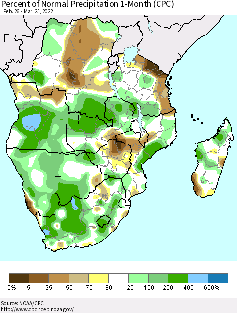 Southern Africa Percent of Normal Precipitation 1-Month (CPC) Thematic Map For 2/26/2022 - 3/25/2022
