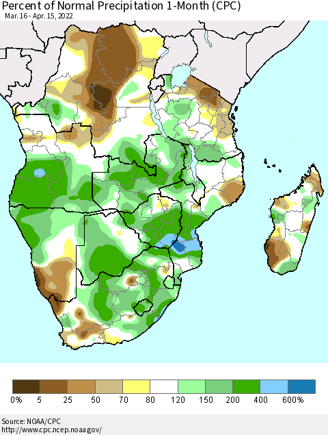 Southern Africa Percent of Normal Precipitation 1-Month (CPC) Thematic Map For 3/16/2022 - 4/15/2022