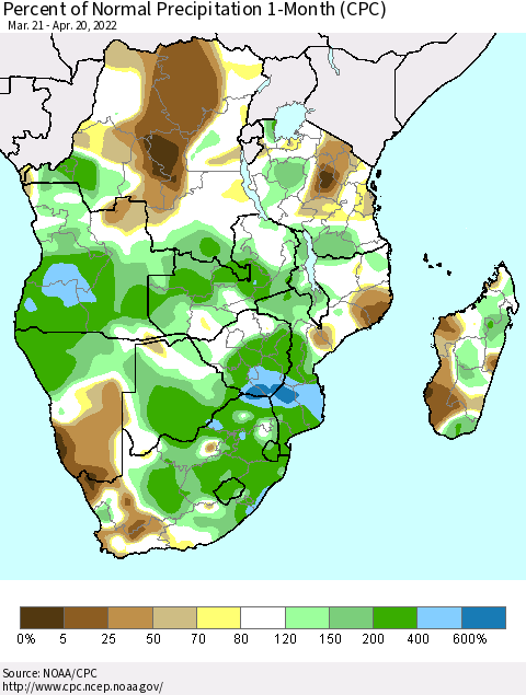 Southern Africa Percent of Normal Precipitation 1-Month (CPC) Thematic Map For 3/21/2022 - 4/20/2022