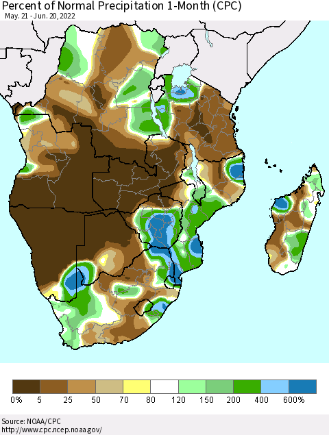 Southern Africa Percent of Normal Precipitation 1-Month (CPC) Thematic Map For 5/21/2022 - 6/20/2022