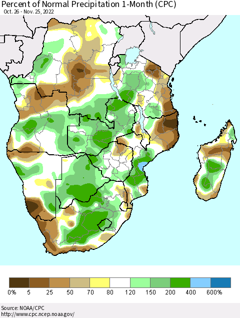 Southern Africa Percent of Normal Precipitation 1-Month (CPC) Thematic Map For 10/26/2022 - 11/25/2022