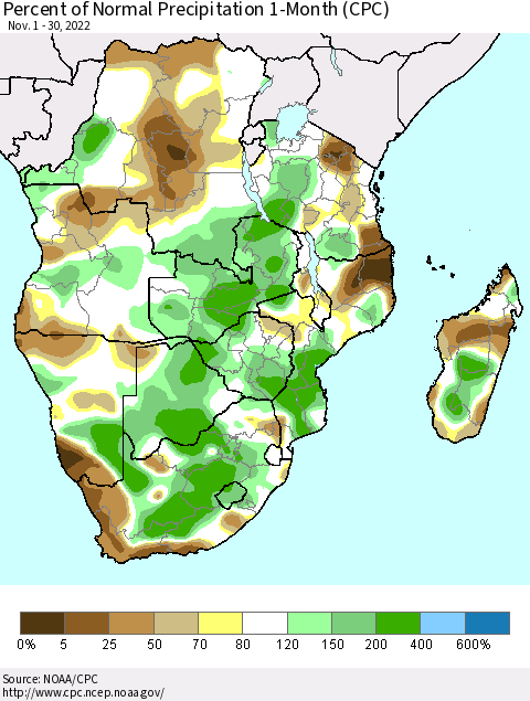 Southern Africa Percent of Normal Precipitation 1-Month (CPC) Thematic Map For 11/1/2022 - 11/30/2022