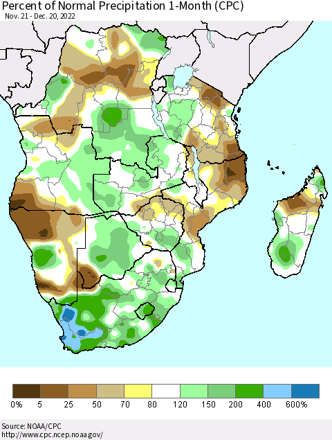 Southern Africa Percent of Normal Precipitation 1-Month (CPC) Thematic Map For 11/21/2022 - 12/20/2022