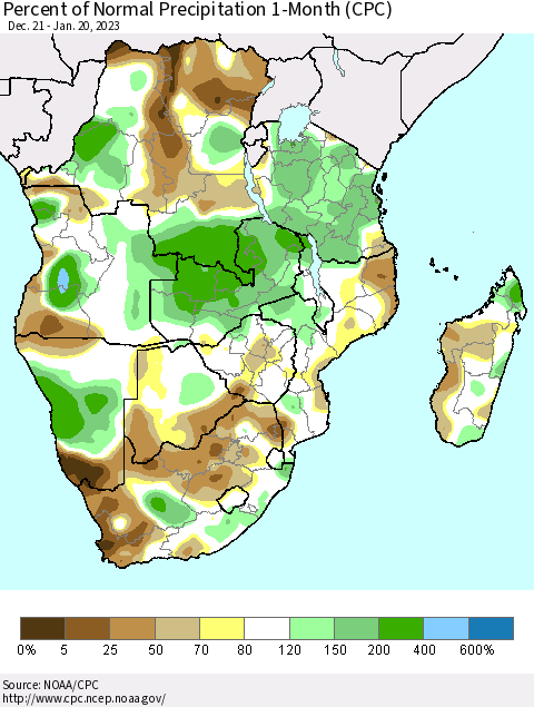 Southern Africa Percent of Normal Precipitation 1-Month (CPC) Thematic Map For 12/21/2022 - 1/20/2023