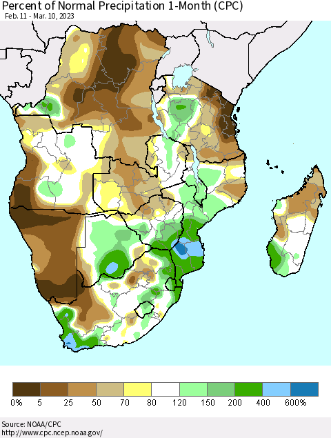 Southern Africa Percent of Normal Precipitation 1-Month (CPC) Thematic Map For 2/11/2023 - 3/10/2023